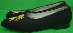 "Hand-Needlepoint Black Slippers w/ Gold Embroidered Monogram" Sz: 11.5"