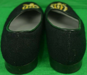 "Hand-Needlepoint Black Slippers w/ Gold Embroidered Monogram" Sz: 11.5"