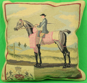 Pair Of Petit-Needlepoint Equestrian Pillows w/ Armorial Crests (New/ Old Stock!)