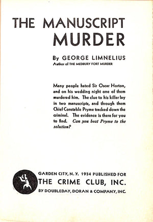 "The Manuscript Murder" 1934 LIMNELIUS, George