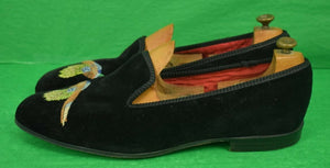 "New & Lingwood Hand Made In England Black Velvet Slippers w/ Embroidered Pheasants" (SOLD)