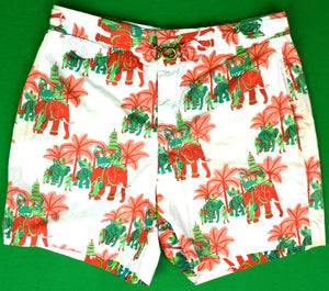 Chipp White Broadcloth Swim Trunks w/ Coral/ Green Thai Elephant Print Sz 34