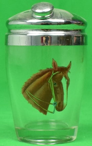 "Horsehead c1940s Cocktail Shaker w/ Pair of Shot Glasses on Stirrup Tray" (SOLD)