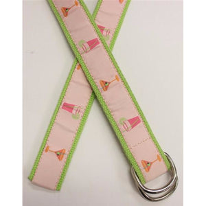 Women's Pink & Lime Green Ribbon Belt w/ Cocktail Martini Glasses and Chrome Buckle Sz: Sm