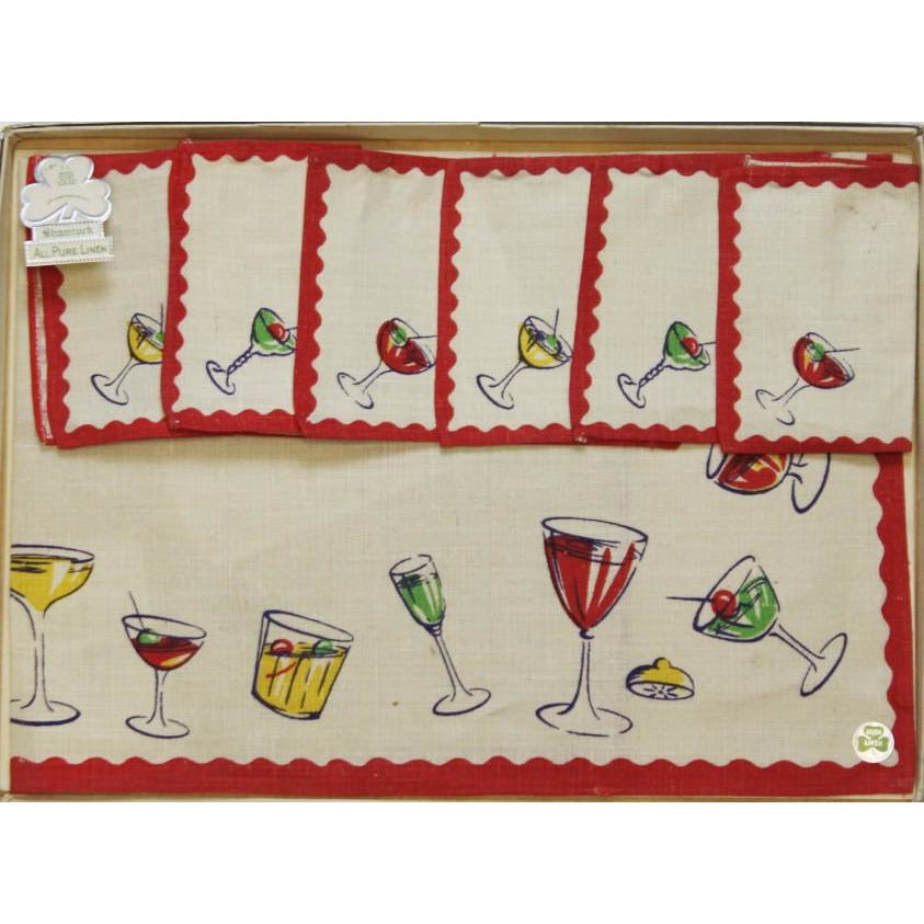 Vintage Boxed Set of Shamrock Linen w/ 6 Cocktail Napkins & Table Mat