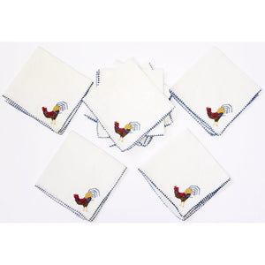 8pc Cocktail Napkin Set w/ Embroidered Roosters