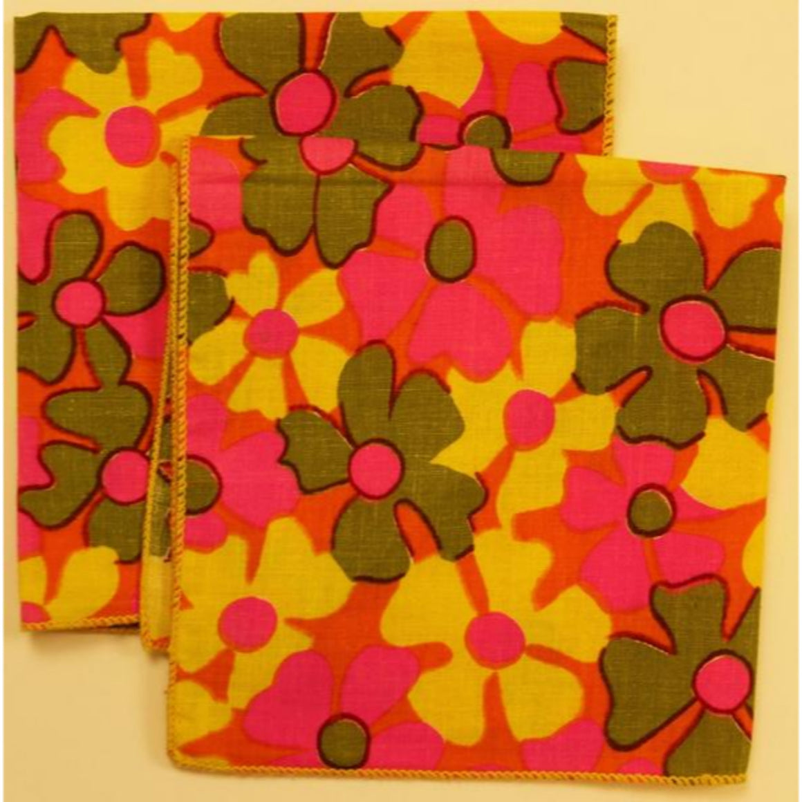 "Pair x Bright Pink/ Orange/ Yellow/ Floral Pattern c1960s Pocket Squares"