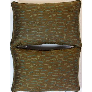 Pair of 'Alligator & Palm Tree' Olive Pillows