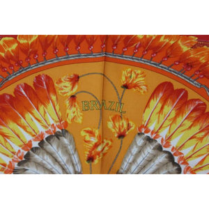 "Hermes Paris Red & Orange 'Brazil' Feathers Pochette/ Pocket Sq" (New w/ 'H' Tag!)
