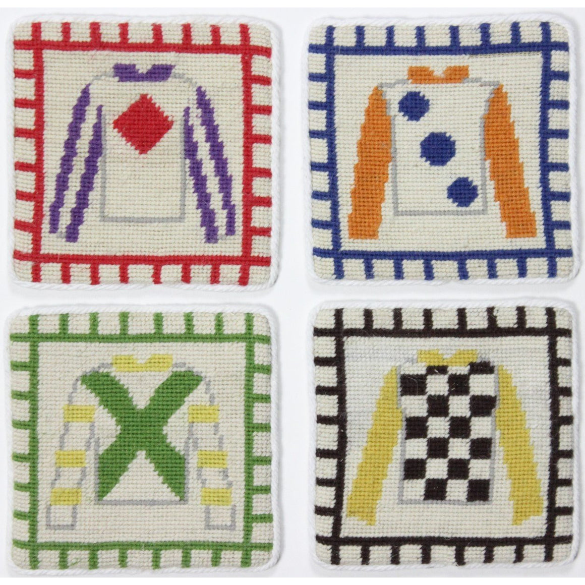 Set of 4 Needlepoint Coasters with Multicolor Jockey Silks