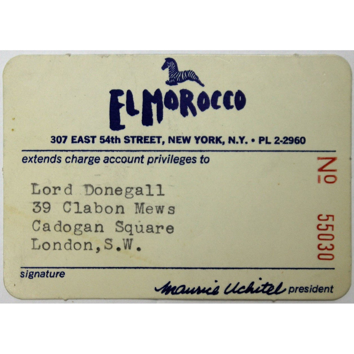 El Morocco Club Member's Card