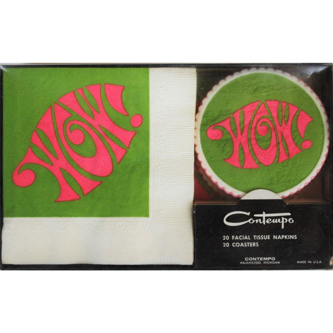 Set of 20 Hot Pink & Green 'Wow!' Cocktail Napkins & Coasters