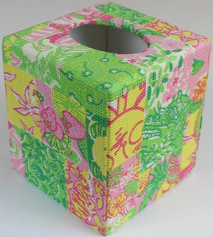 Lilly Pulitzer Tissue Dispenser w/ Pink, Lime & Yellow Patchwork Fabric