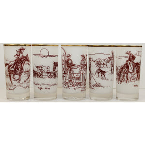 Rare Set of 5 Paul Desmond Brown Cowboy Frosted Highball Glasses