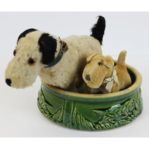 Two Steiff Dogs w/ 1930s Dog Watering Bowl