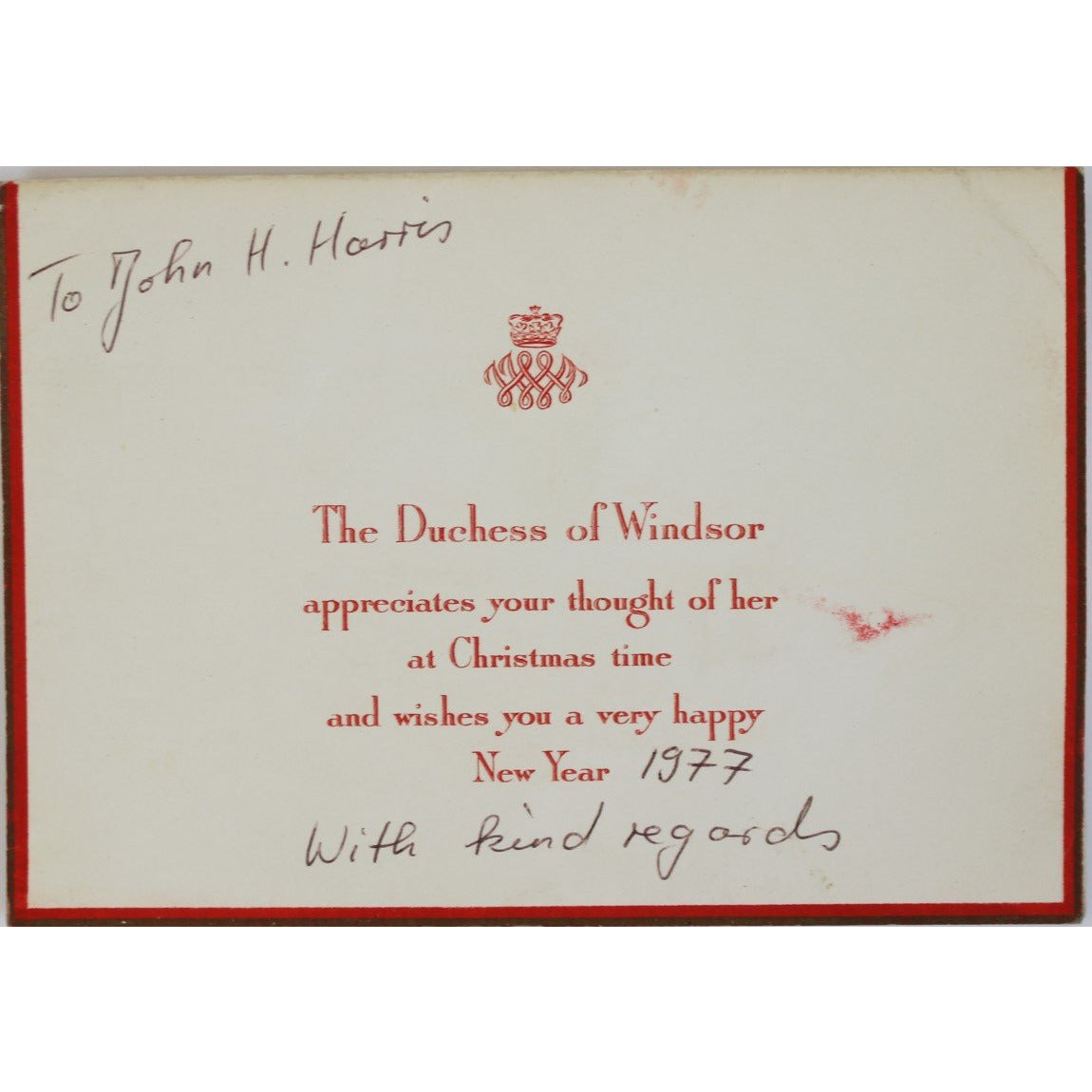 The Duchess of Windsor Wishes you a Merry Christmas and a Happy New Year Christmas Card