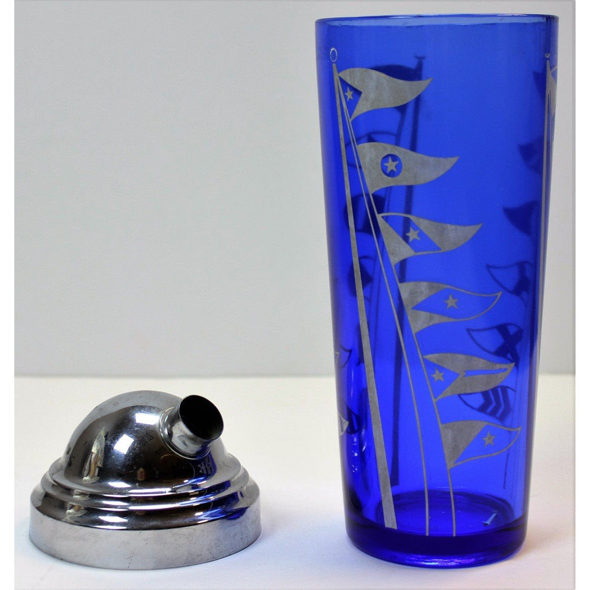 Cobalt Blue Glass Cocktail Shaker w/ Burgee Flags