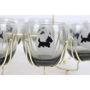 Set of 8 Old-Fashioned Glasses with Scottie Dogs and Brass Carrier