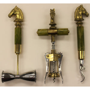 Brass Horse Head Jigger Cups, Bottle Opener and Cork Screw w/ Marble Stem