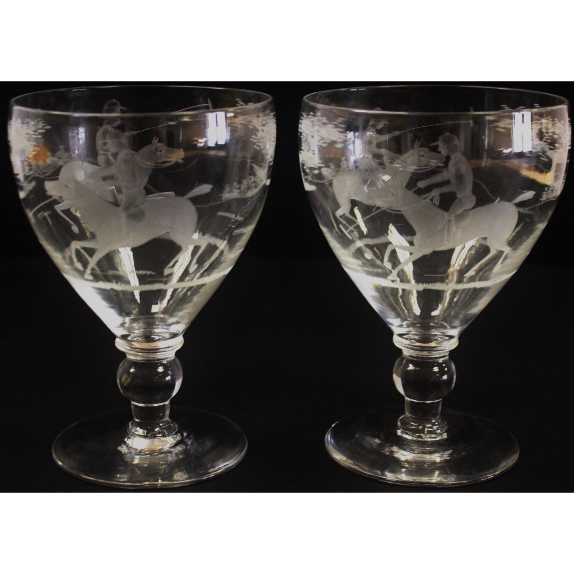 Pair of Etched 'Polo Player' Water Goblets