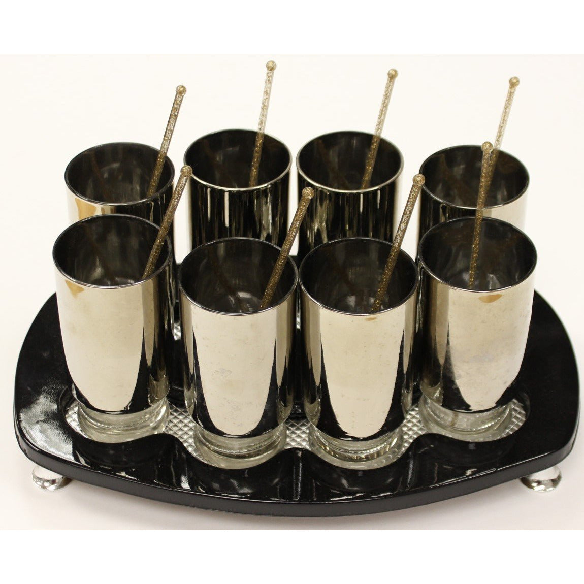 Set of 8 Cocktail Silver Glasses on Black Serving Tray