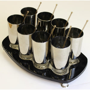 Set of 8 Cocktail Silver Glasses on Black Serving Tray