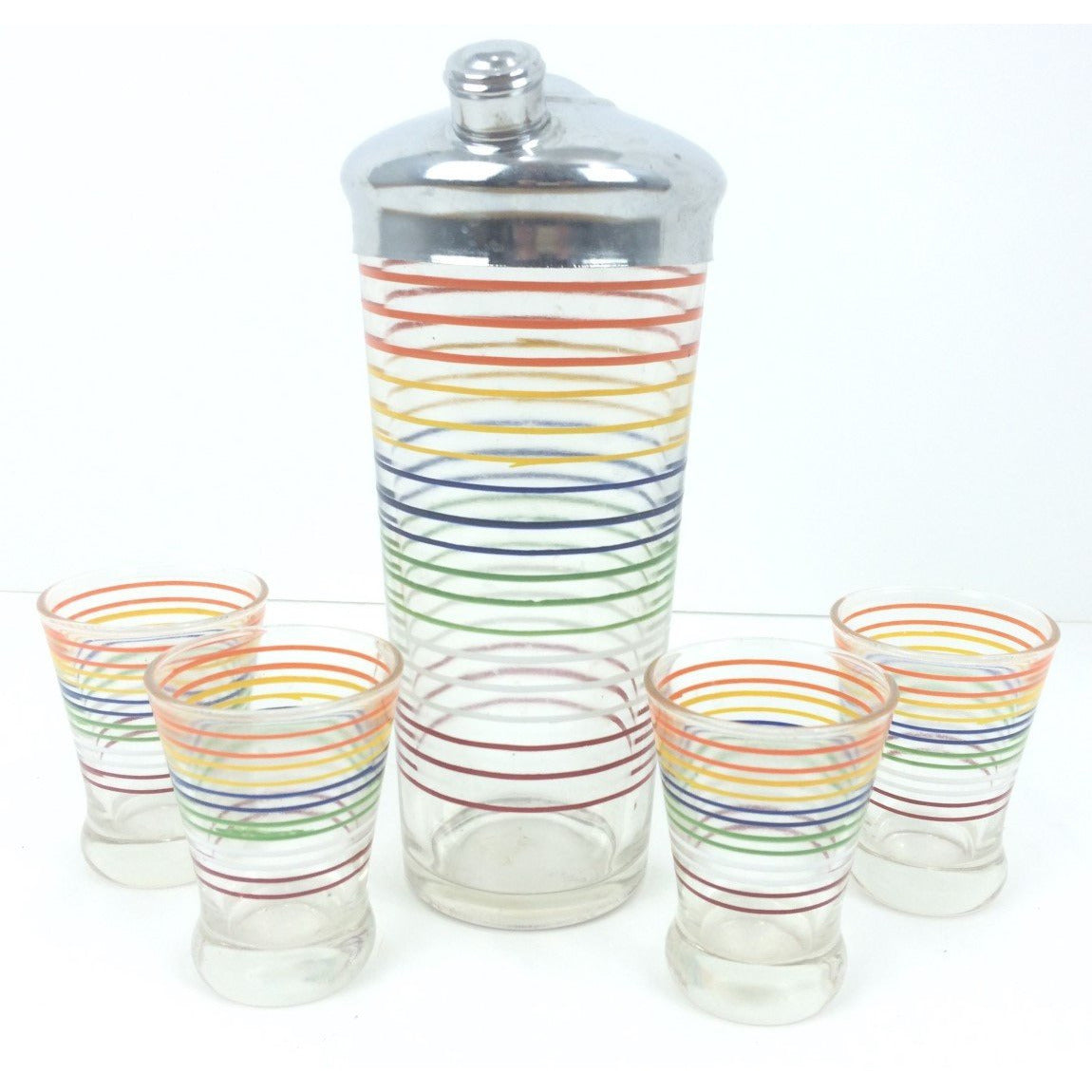 Set of 4 Multi-Stripe Shot Glasses w/ Glass Cocktail Shaker (Chrome Lid)