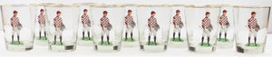 Set of 11 Red & White Checkerboard Silks Hand-Painted Jockey Old-Fashion Glasses
