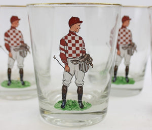 Set of 11 Red & White Checkerboard Silks Hand-Painted Jockey Old-Fashion Glasses