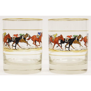 Pair of 6 Hand-Painted Jockeys Old-Fashioned Glasses