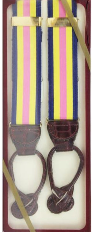 "Pink/ Yellow/ Navy Stripe Grosgrain Braces w/ Pressed Leather Tabs" (DEADSTOCK) (SOLD)