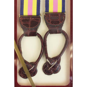 "Pink/ Yellow/ Navy Stripe Grosgrain Braces w/ Pressed Leather Tabs" (DEADSTOCK) (SOLD)