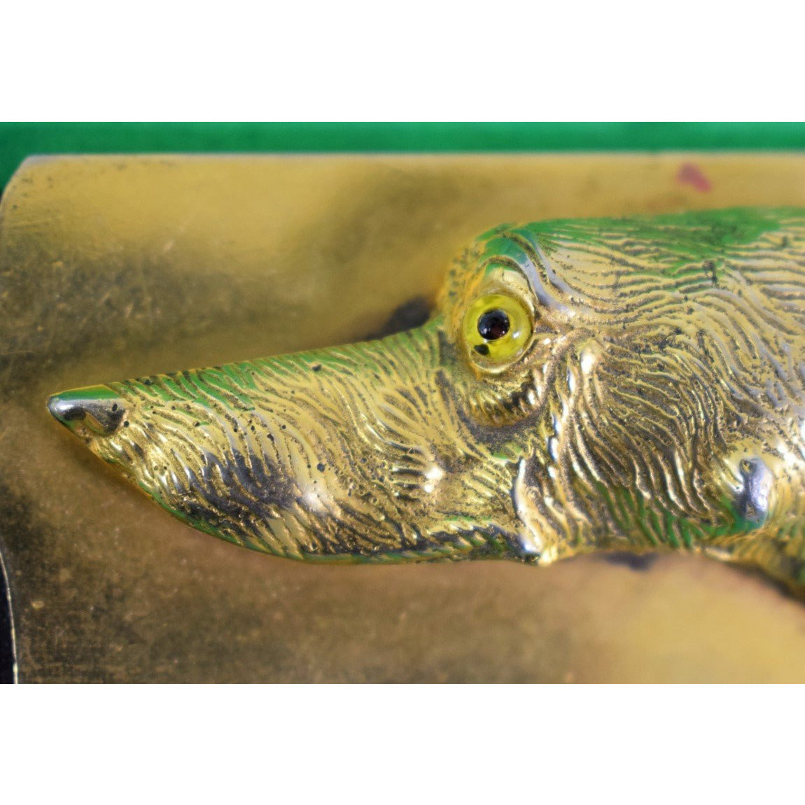 Tortoise Blade French Letter Opener w Brass Dog w/ Ruby Eyes Relief