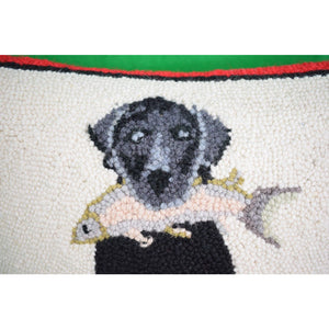 Black Lab w/ Trout in Canoe Stitched Pillow