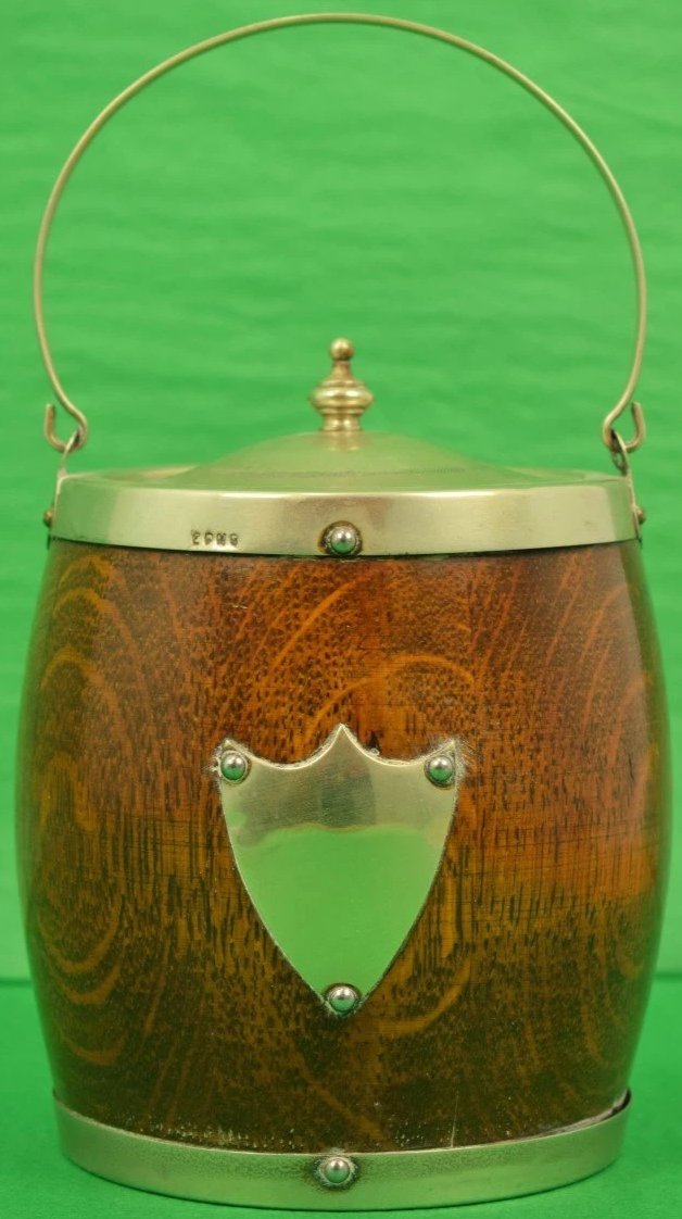 English Wooden Ice Bucket w/ Porcelain Lining & Sterling Crest & Rim