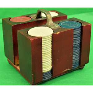 Display Case of 100 Bakelite Jockey Poker Chips w/ Steeplechase Deck of Playing Cards