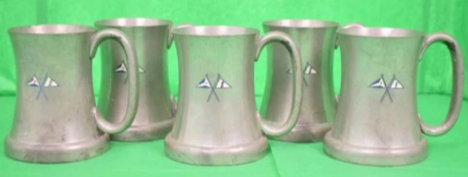 "Set Of 5 Abercrombie & Fitch English Pewter Private Yacht Flag Mugs"