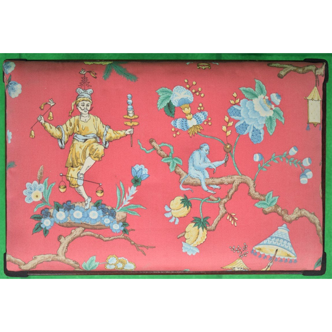 Coral Chinoiserie Fabric Upholstered Mahogany Bench