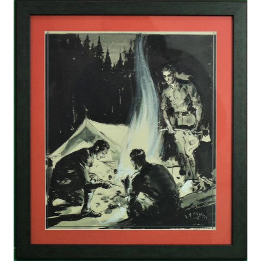 Abercrombie & Fitch Camping Gouache Signed E.V. Hilleary & Dated 1935