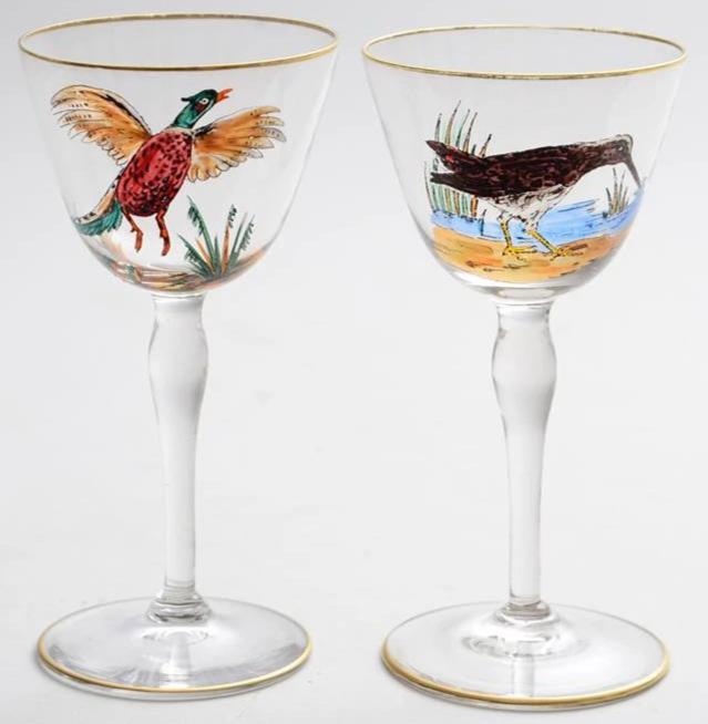 Pair of Hand-Painted Gamebird Sherry Glasses from the CZ Guest estate