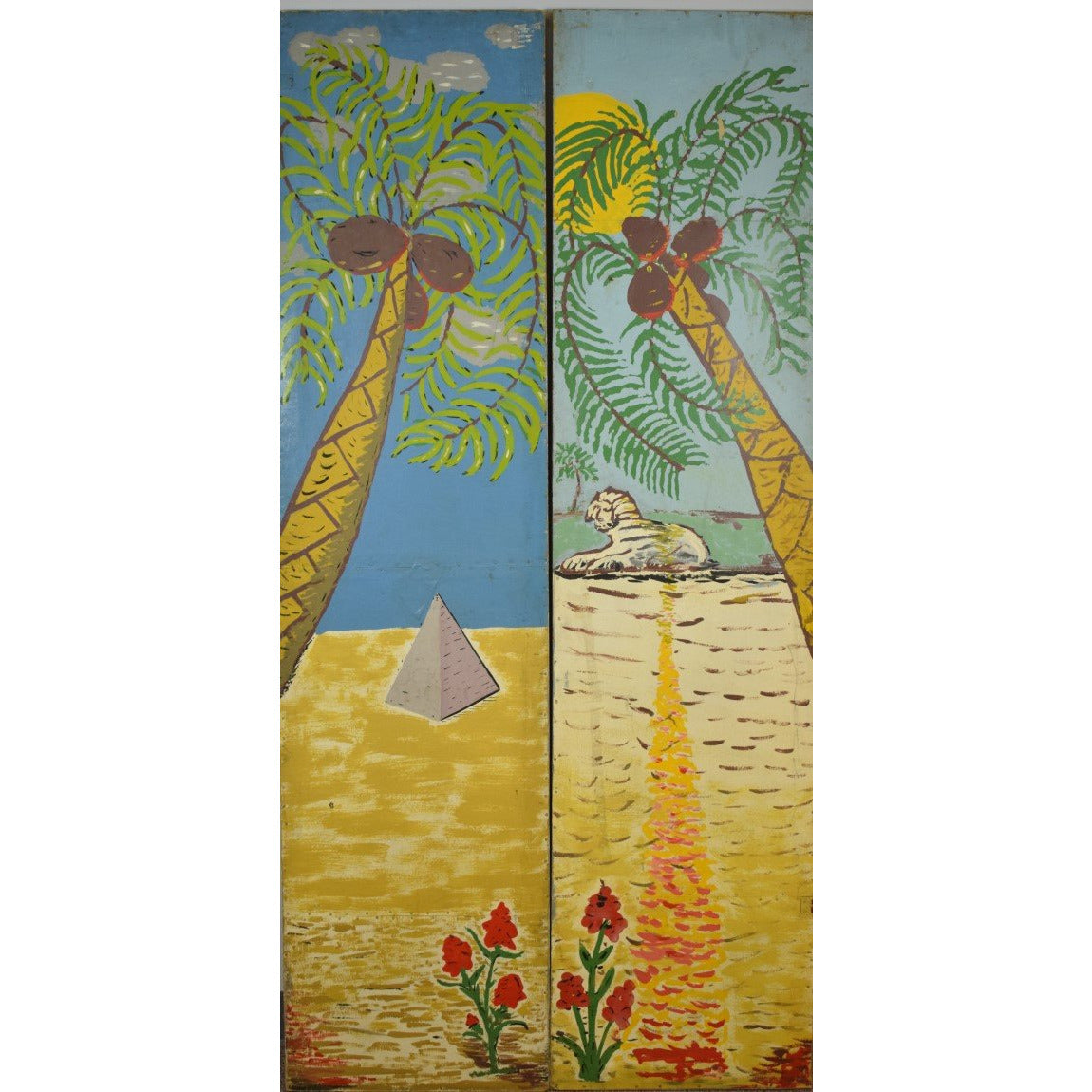 Pair of Puppeteer Hand-Painted Palm Tree Reversing to Pink Bunny Top Hat Panels