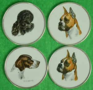"Set x 4 Frank Vosmansky For Abercrombie & Fitch Milk Glass c1940s Dog Breed Coasters"