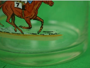 Glass Decanter w/ 6 Hand-Painted Race Horses & Jockeys Signed R Kuntz