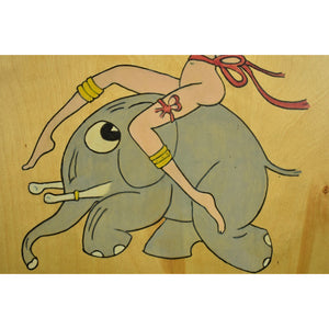 Hand-Painted Naked Lady Astride Cocktail Elephant on Oak Plaque