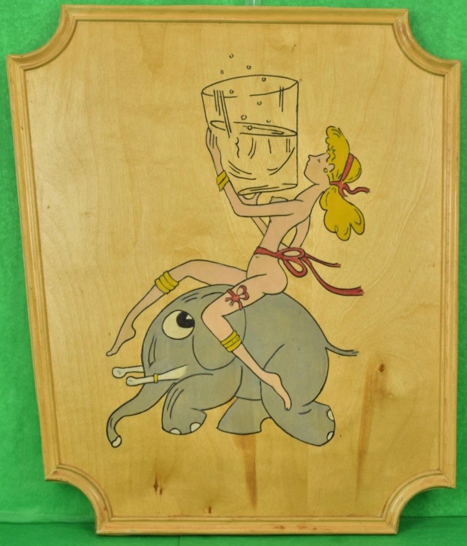 Hand-Painted Naked Lady Astride Cocktail Elephant on Oak Plaque