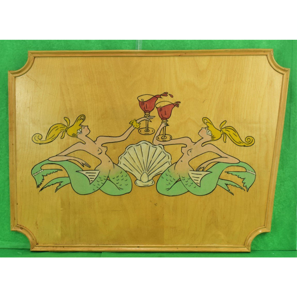 Pair of Hand-Painted Toasting Mermaids on Oak Plaque