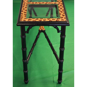 Hand-Painted Leopard Print Side Ebony Bamboo Table