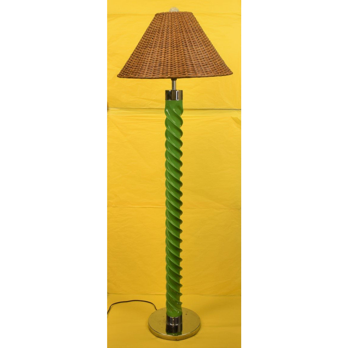Green 'Rope Twist' Floor Lamp w/ Rattan Shade & Chrome Base