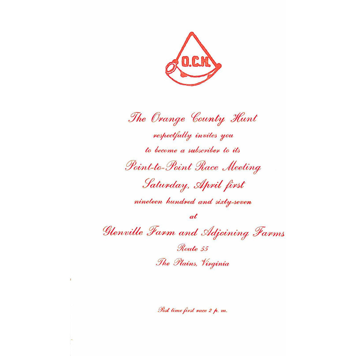 The Orange County Hunt Point-to-Point Race Meeting Invite Card