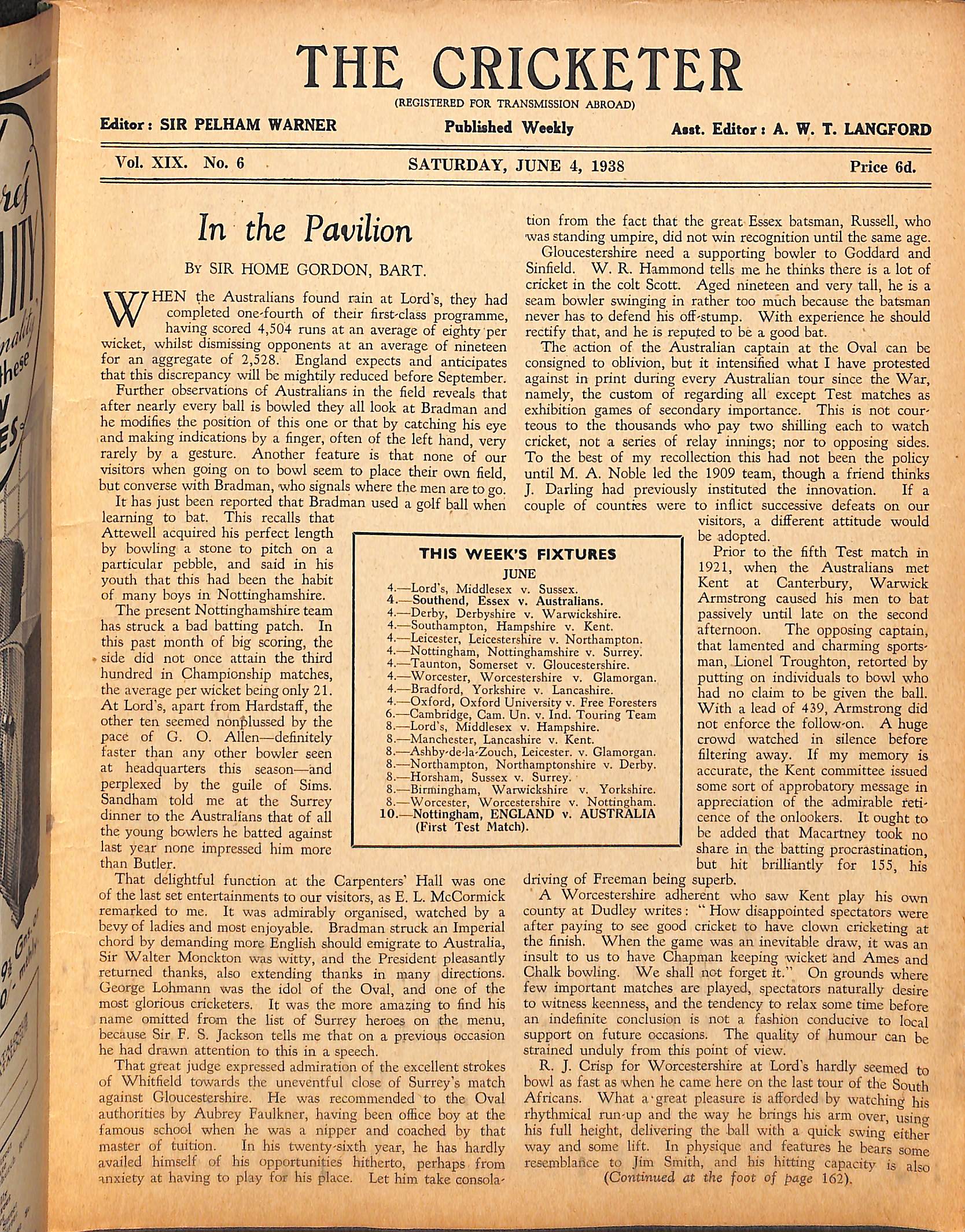 'The Cricketer - June 4, 1938'